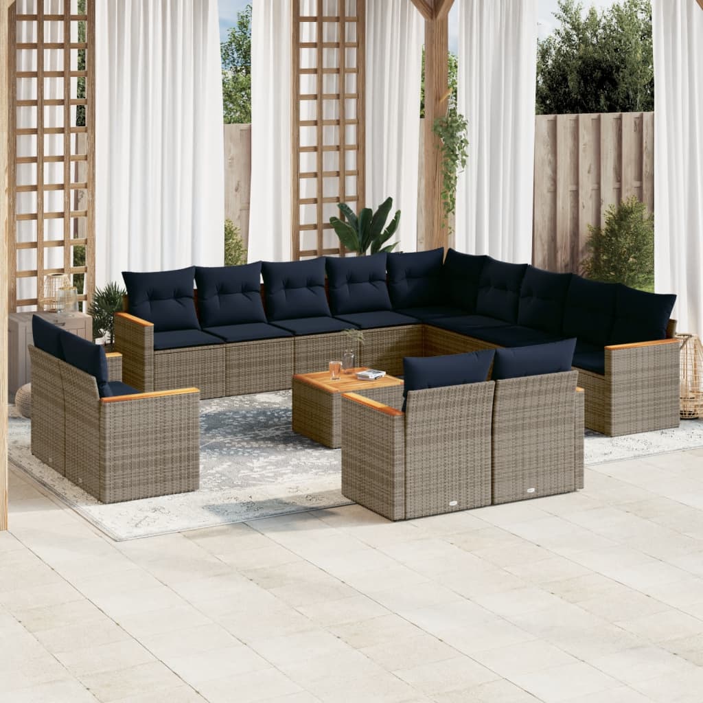 vidaXL 14-teiliges Gartensofa-Set mit Kissen, grau, Polyrattan