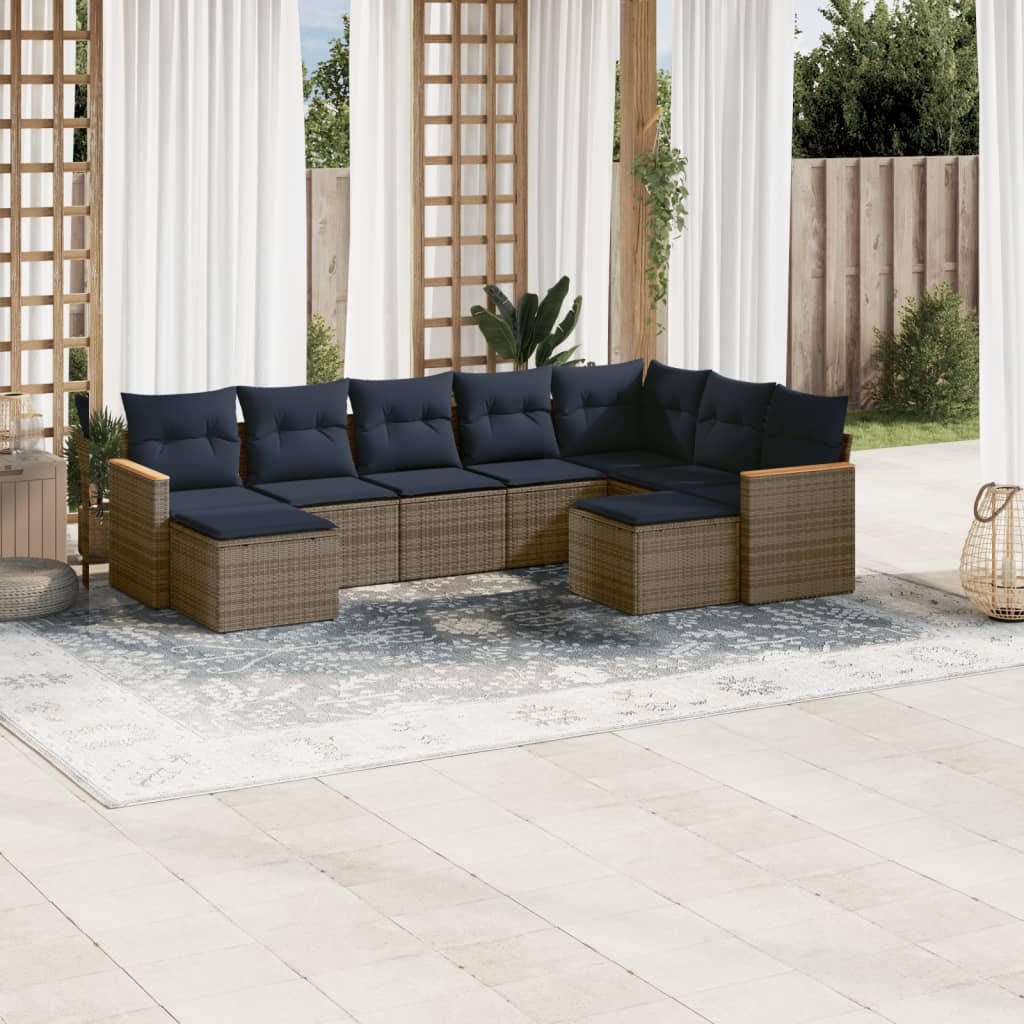 vidaXL 9-teiliges Gartensofa-Set mit Kissen, grau, Polyrattan