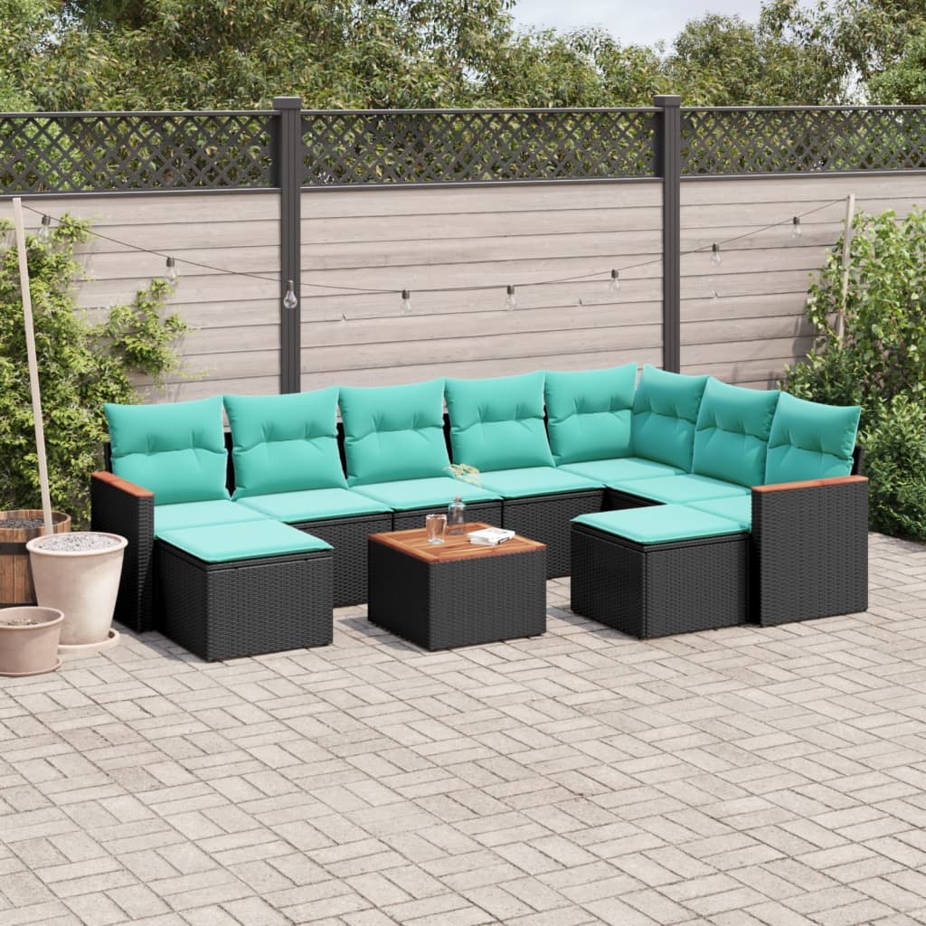 vidaXL 10-teiliges Gartensofa-Set mit Kissen, schwarzes Polyrattan