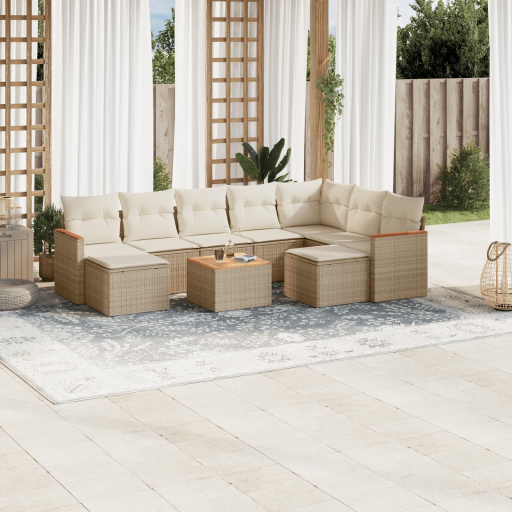 vidaXL 10-tlg. Garten-Sofagarnitur mit Kissen Beige Poly Rattan