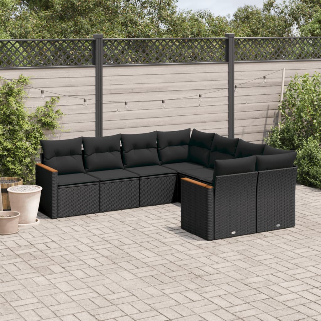 8-tlg. Garten-Sofagarnitur mit Kissen Schwarz Poly Rattan