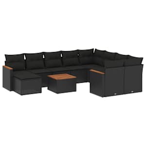 vidaXL 11-osaline aiadiivani komplekt patjadega, must, pol&uuml;rotang