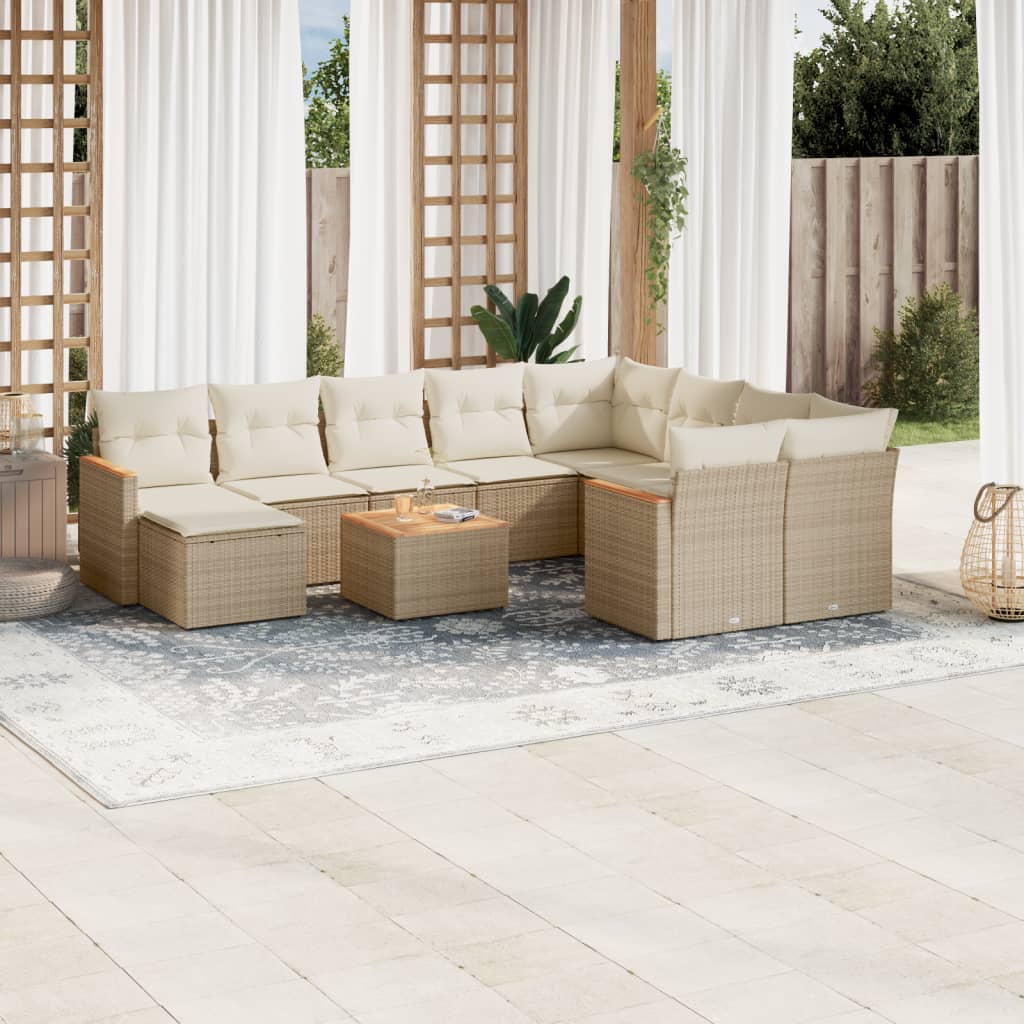 vidaXL 11-tlg. Garten-Sofagarnitur mit Kissen Beige Poly Rattan