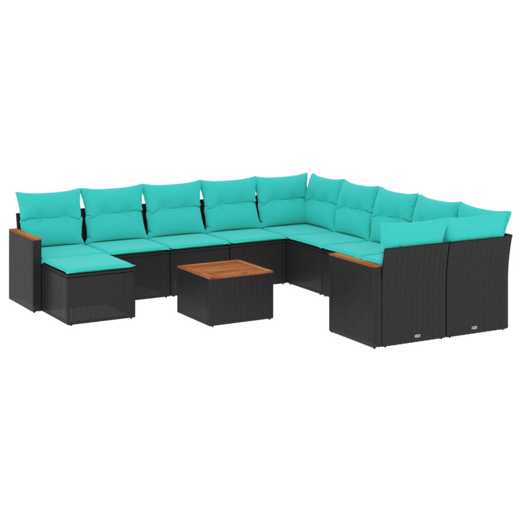 12-teiliges Gartensofa-Set mit Kissen, schwarzes Polyrattan