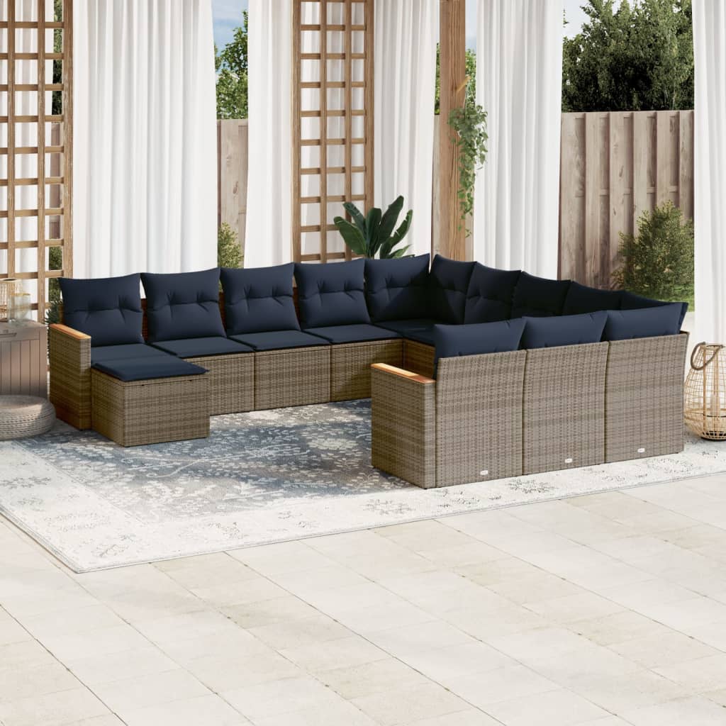 vidaXL 12-teiliges Gartensofa-Set mit Kissen, grau, Polyrattan