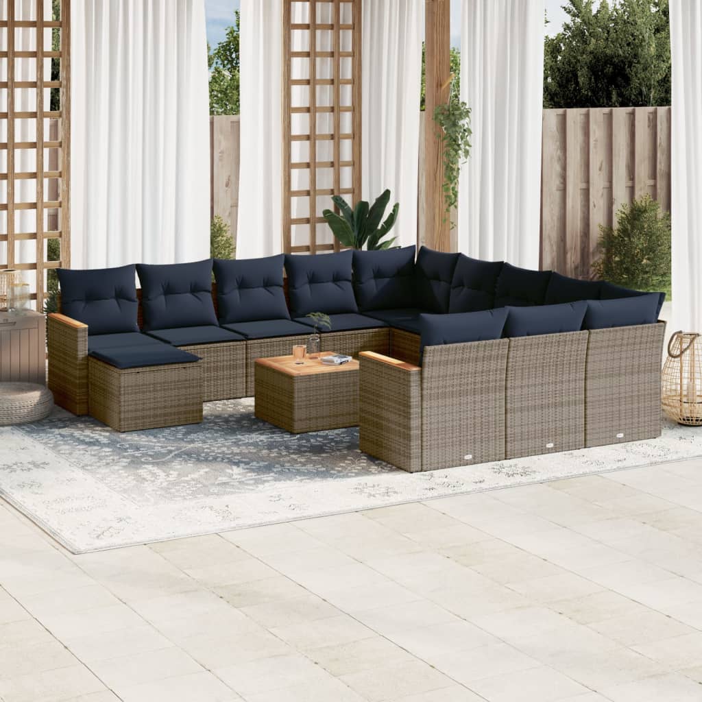 vidaXL 13-teiliges Gartensofa-Set mit Kissen, grau, Polyrattan