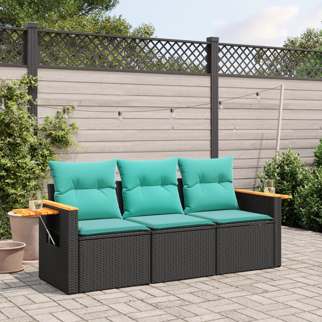 vidaXL Set mobilier de grădină cu perne, 3 piese, negru, poliratan