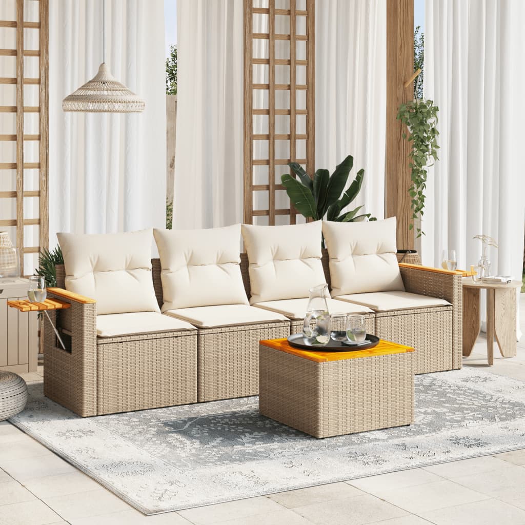 vidaXL 5-tlg. Garten-Sofagarnitur mit Kissen Beige Poly Rattan