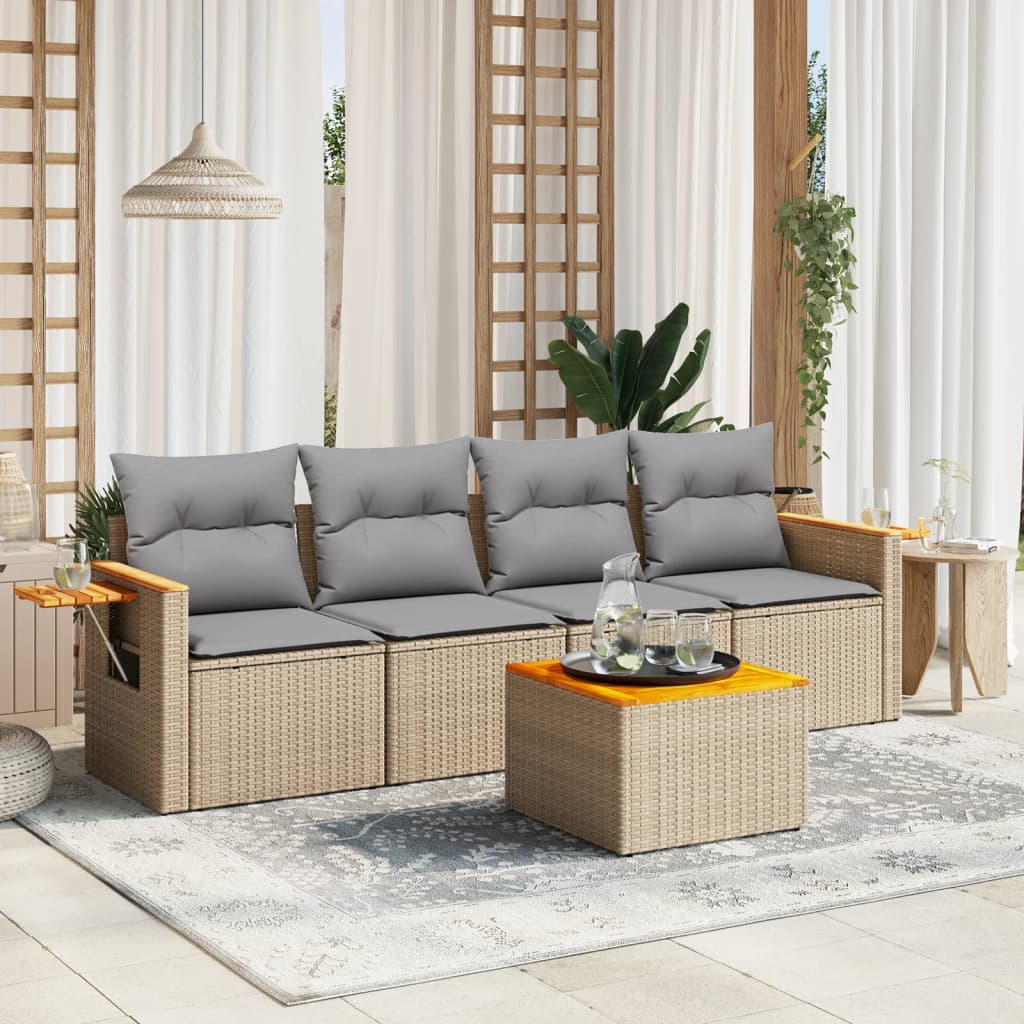 vidaXL 5-tlg. Garten-Sofagarnitur mit Kissen Beige Poly Rattan