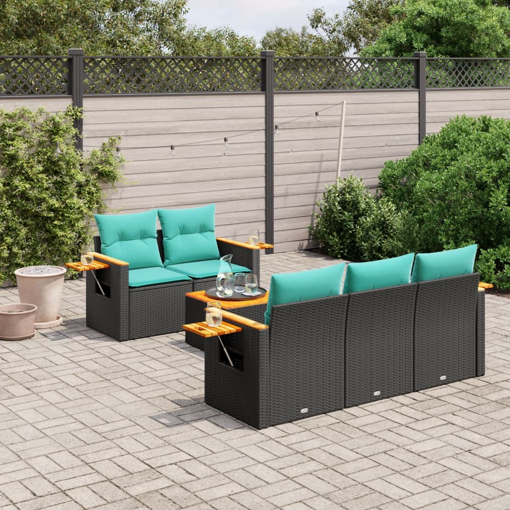 vidaXL 6-tlg. Garten-Sofagarnitur mit Kissen Schwarz Poly Rattan