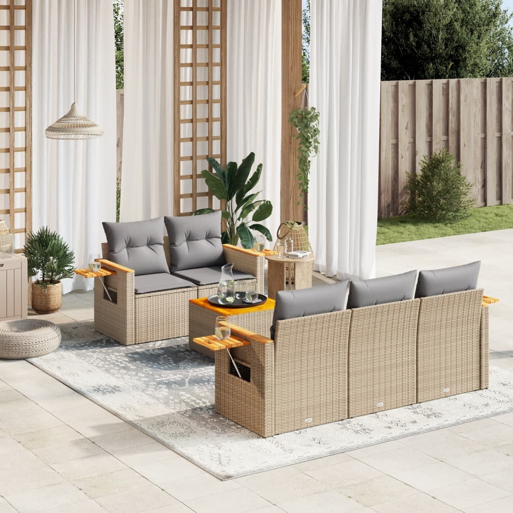 6-tlg. Garten-Sofagarnitur mit Kissen Beige Poly Rattan