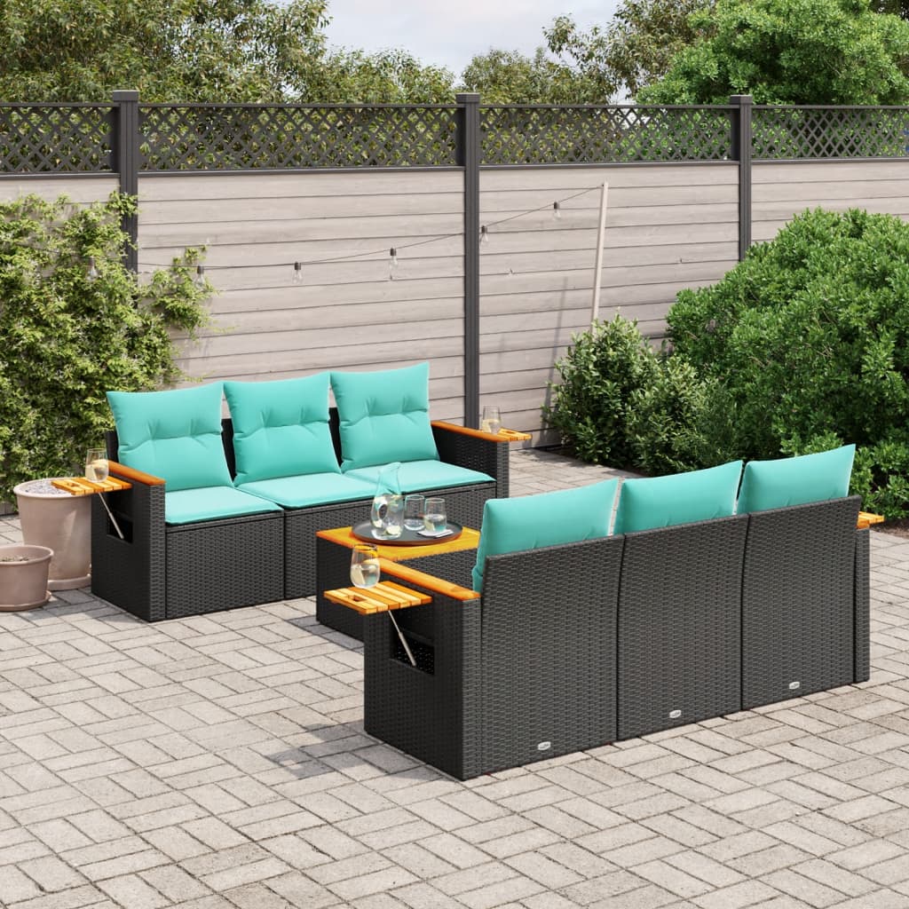 vidaXL 7-tlg. Garten-Sofagarnitur mit Kissen Schwarz Poly Rattan