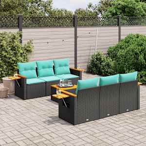 Vrtna sedežna garnitura 7-delna z blazinami črn poli ratan