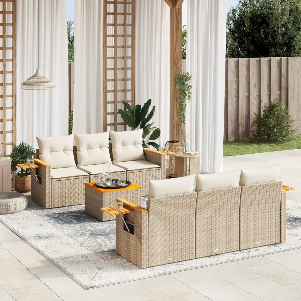 vidaXL 7-tlg. Garten-Sofagarnitur mit Kissen Beige Poly Rattan