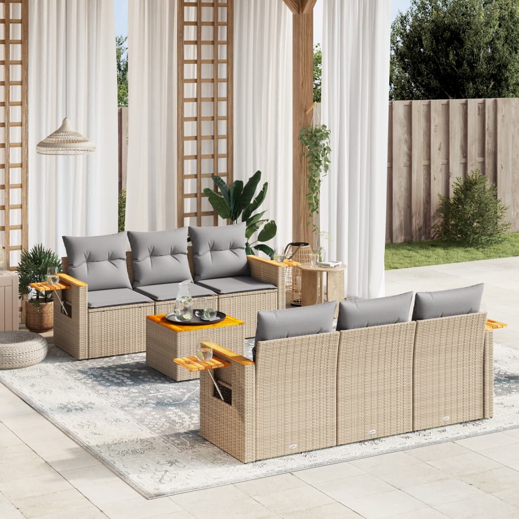 vidaXL 7-tlg. Garten-Sofagarnitur mit Kissen Beige Poly Rattan