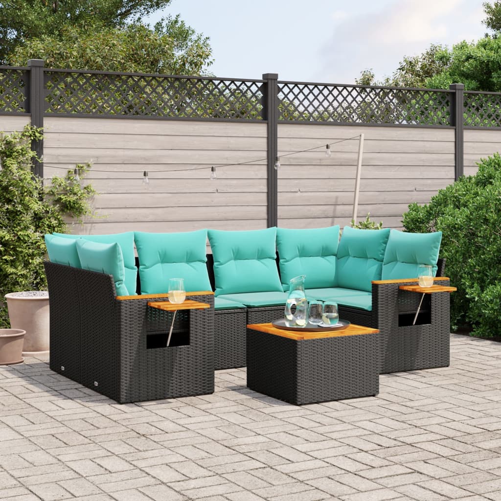 vidaXL 7-tlg. Garten-Sofagarnitur mit Kissen Schwarz Poly Rattan