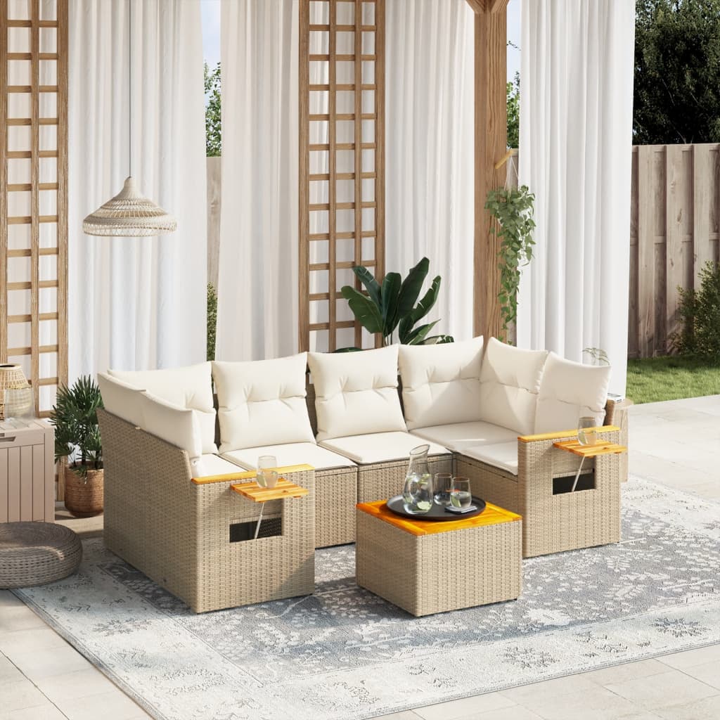 vidaXL 7-tlg. Garten-Sofagarnitur mit Kissen Beige Poly Rattan