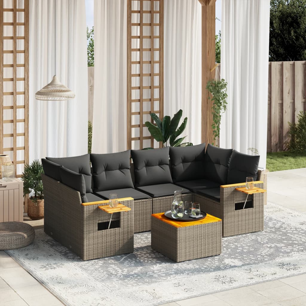 vidaXL 7-tlg. Garten-Sofagarnitur mit Kissen Grau Poly Rattan