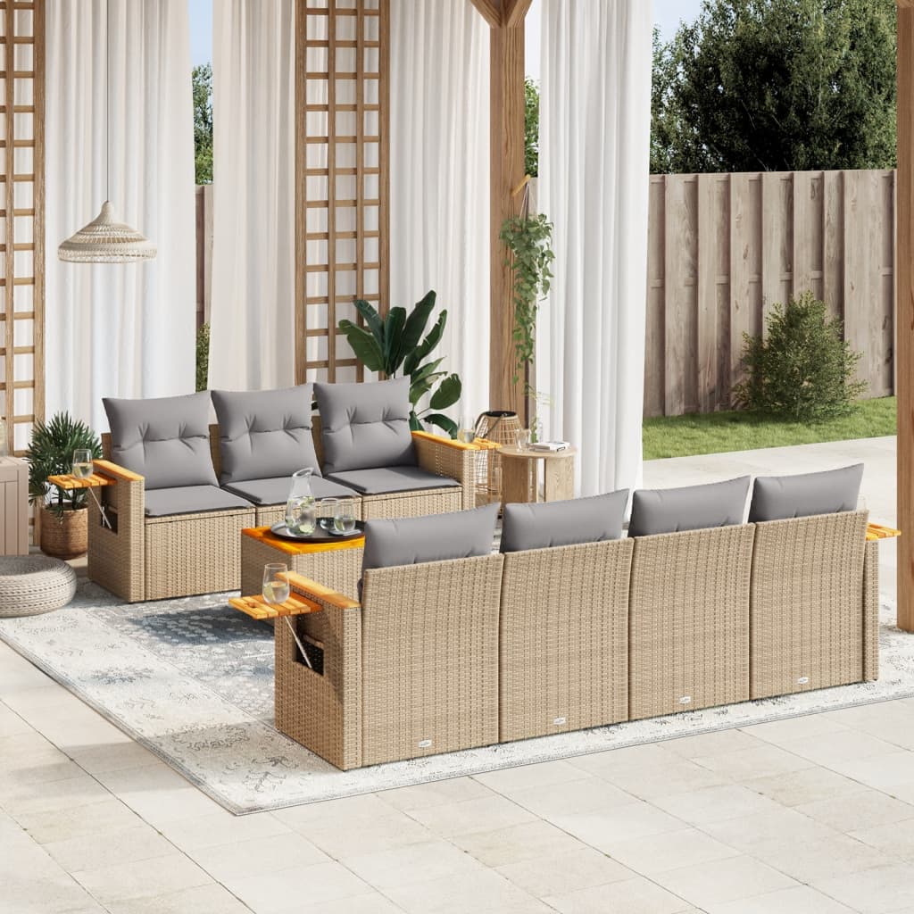 vidaXL 8-tlg. Garten-Sofagarnitur mit Kissen Beige Poly Rattan