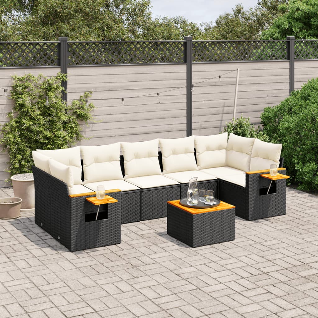 vidaXL 8-tlg. Garten-Sofagarnitur mit Kissen Schwarz Poly Rattan