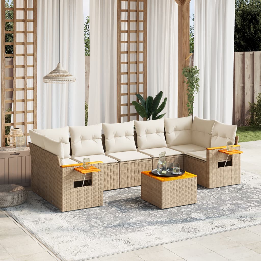 vidaXL 8-tlg. Garten-Sofagarnitur mit Kissen Beige Poly Rattan