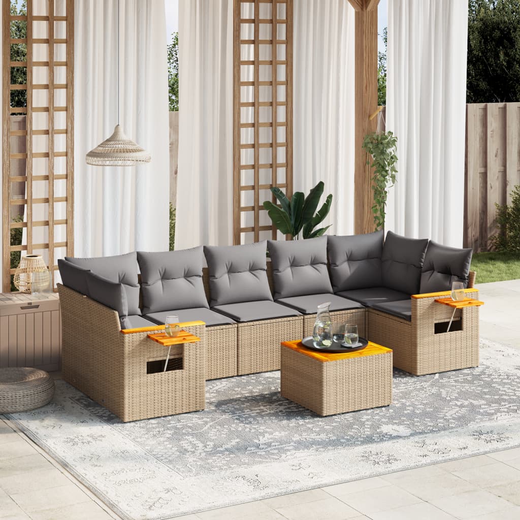 vidaXL 8-tlg. Garten-Sofagarnitur mit Kissen Beige Poly Rattan