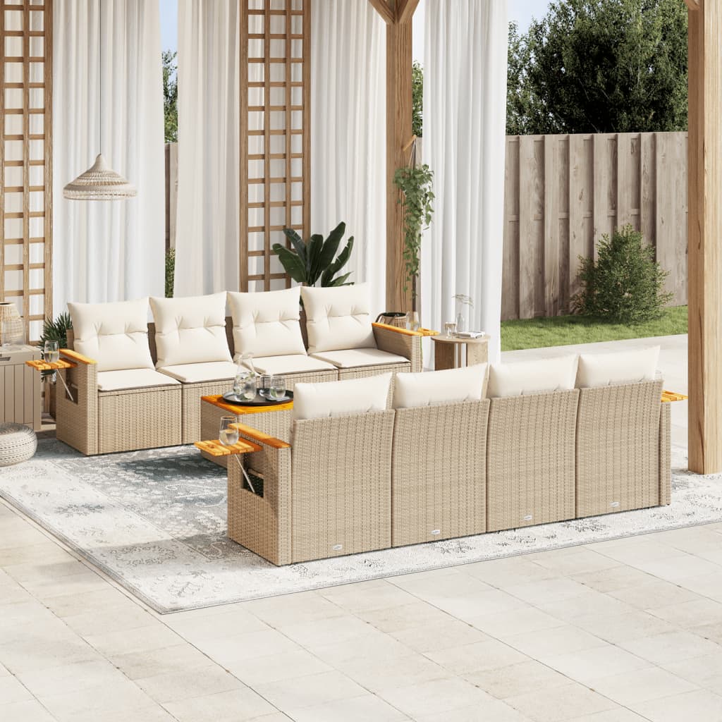 vidaXL 9-tlg. Garten-Sofagarnitur mit Kissen Beige Poly Rattan