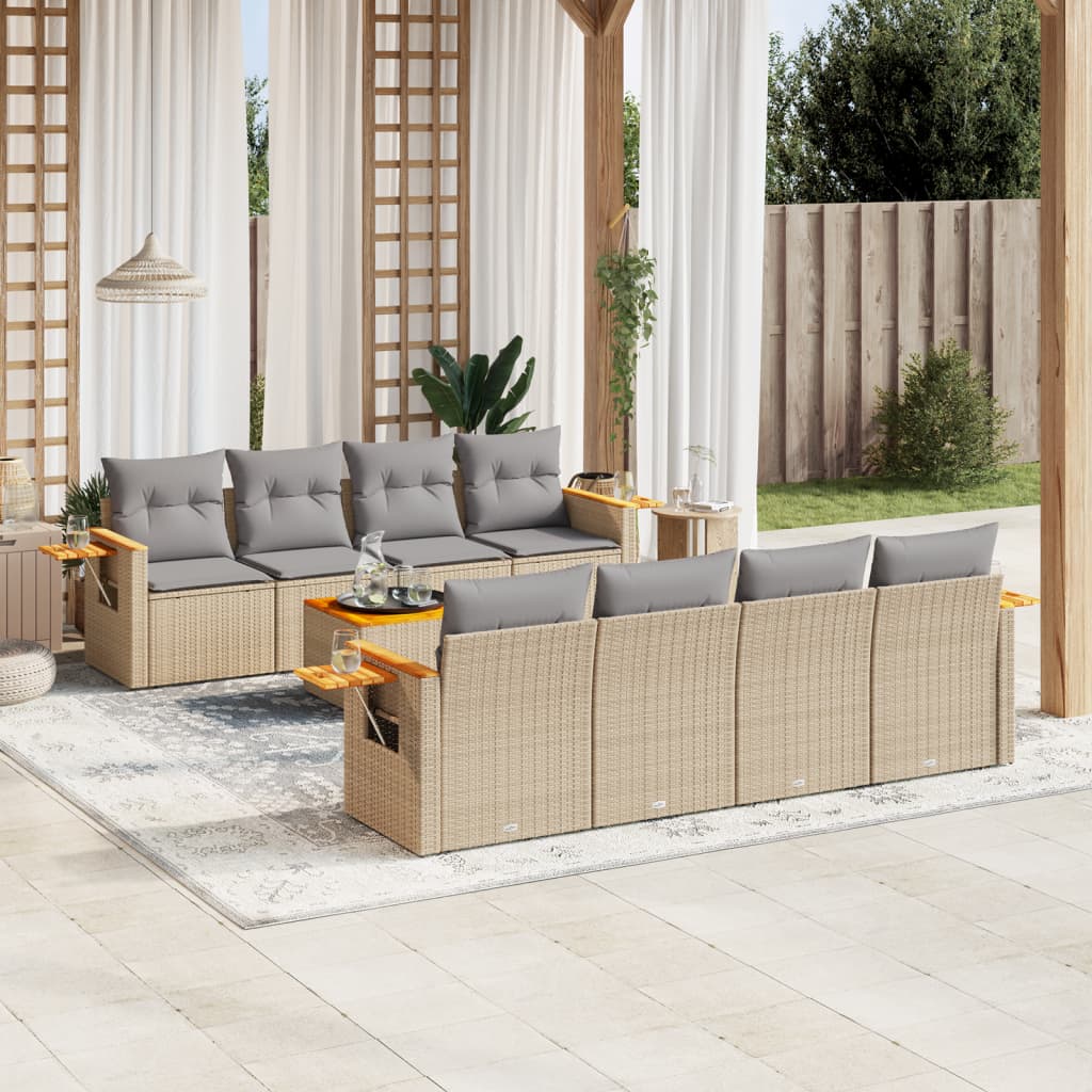 vidaXL 9-tlg. Garten-Sofagarnitur mit Kissen Beige Poly Rattan