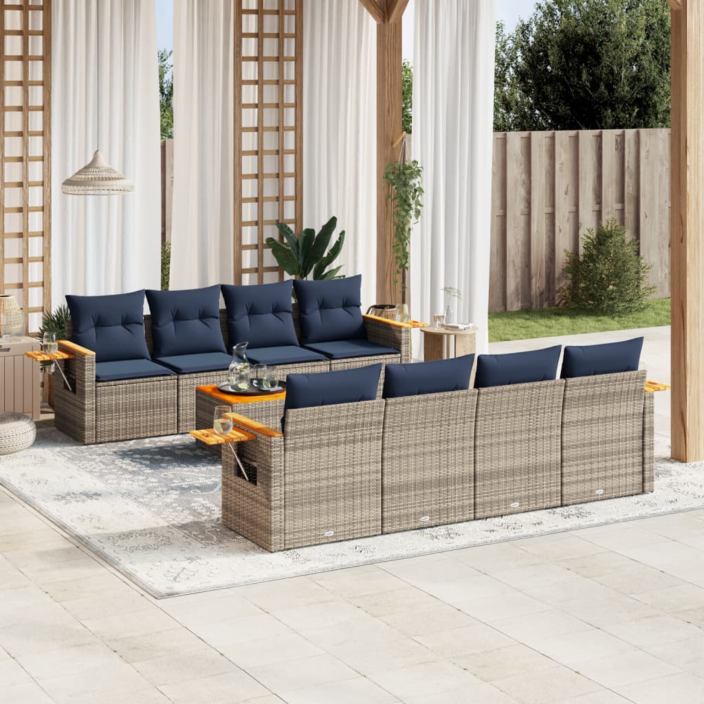 vidaXL Set canapele de grădină, 9 piese, cu perne, gri, poliratan