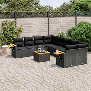 Vrtna sedežna garnitura 9-delna z blazinami črn poli ratan