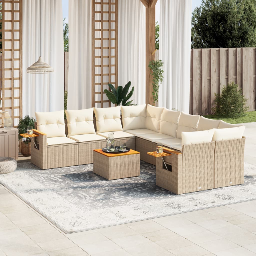 9-tlg. Garten-Sofagarnitur mit Kissen Beige Poly Rattan