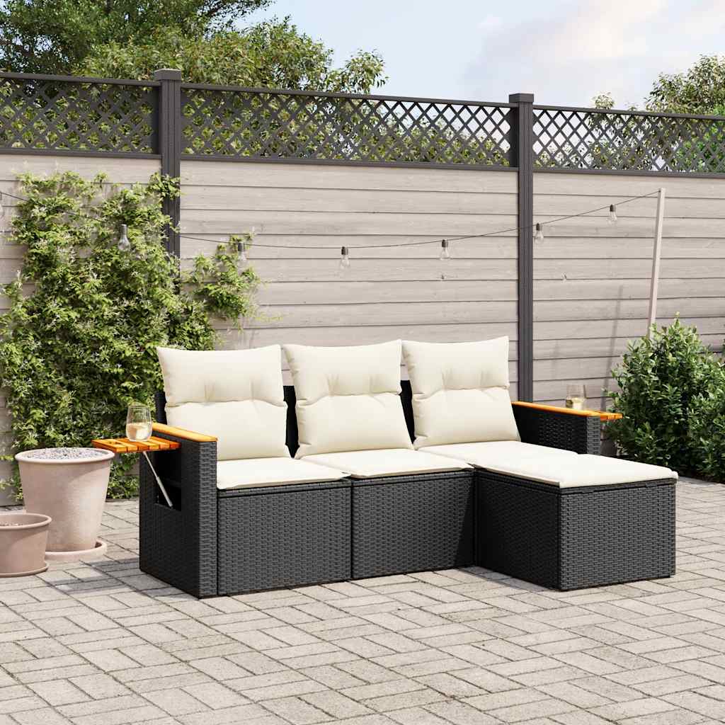 vidaXL Set mobilier de grădină cu perne, 4 piese, negru, poliratan