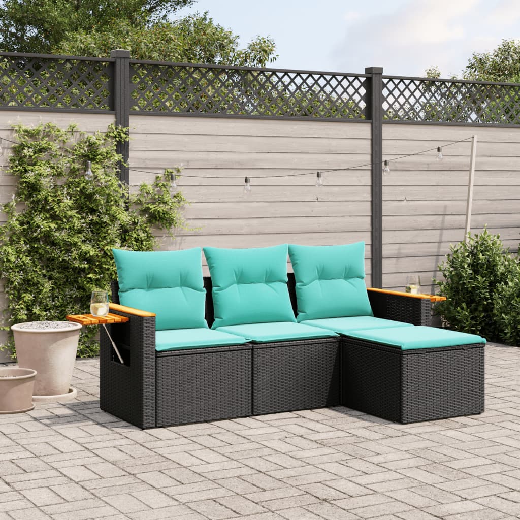 vidaXL Set mobilier de grădină cu perne, 4 piese, negru, poliratan