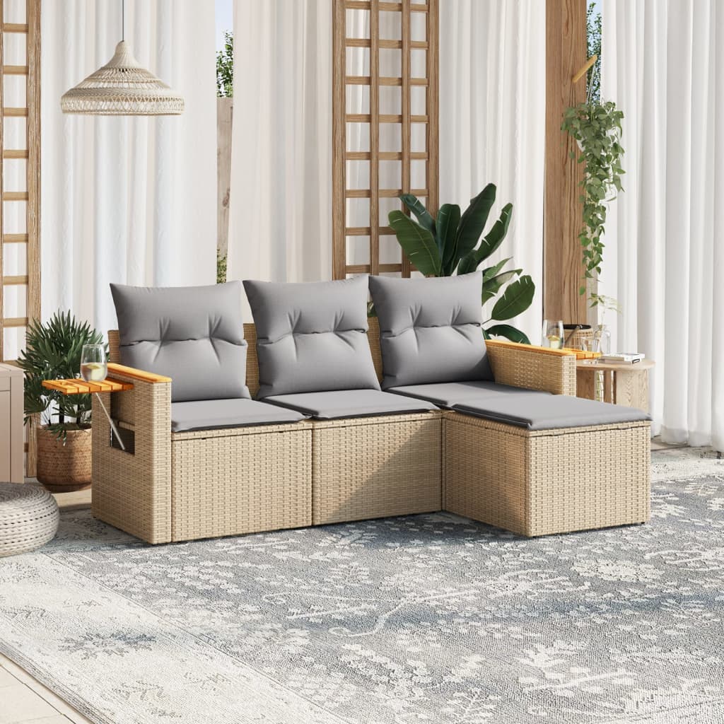 vidaXL 4-tlg. Garten-Sofagarnitur mit Kissen Beige Poly Rattan