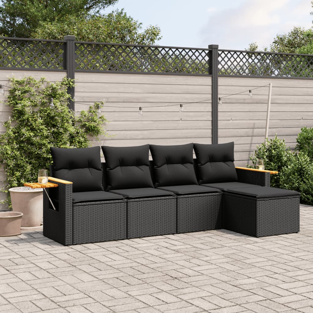 vidaXL 5-tlg. Garten-Sofagarnitur mit Kissen Schwarz Poly Rattan