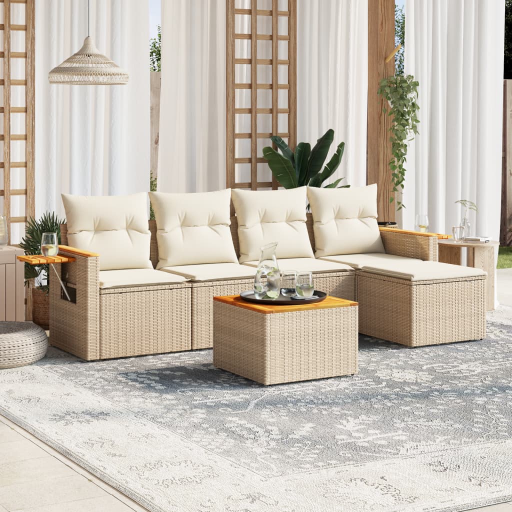 6-tlg. Garten-Sofagarnitur mit Kissen Beige Poly Rattan