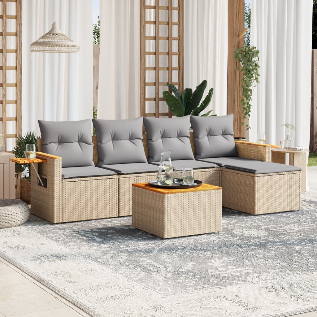 vidaXL 6-tlg. Garten-Sofagarnitur mit Kissen Beige Poly Rattan