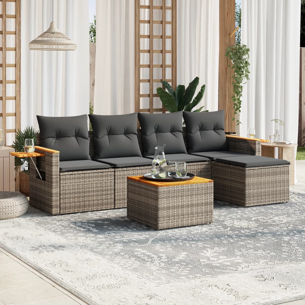 vidaXL 6-tlg. Garten-Sofagarnitur mit Kissen Grau Poly Rattan