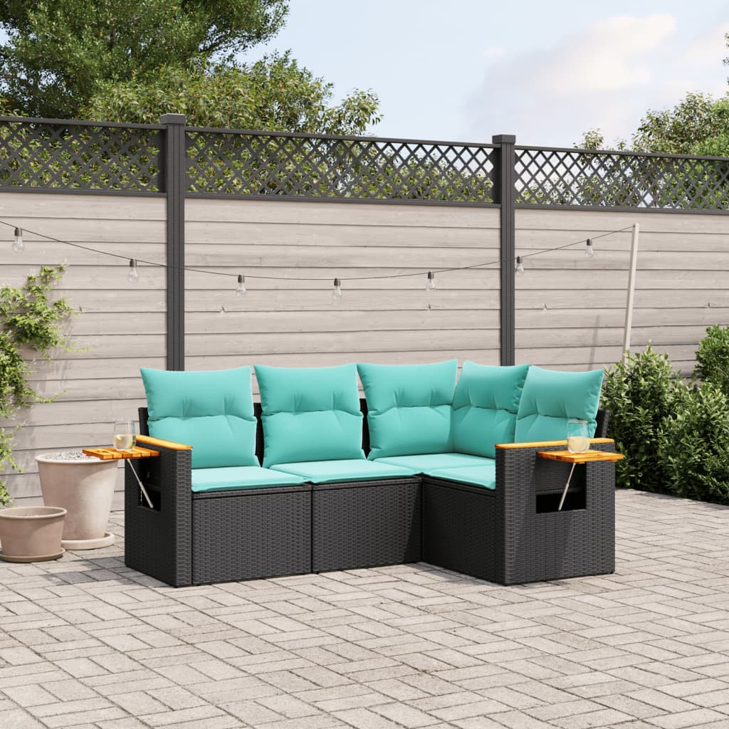 vidaXL Set mobilier de grădină cu perne, 4 piese, negru, poliratan