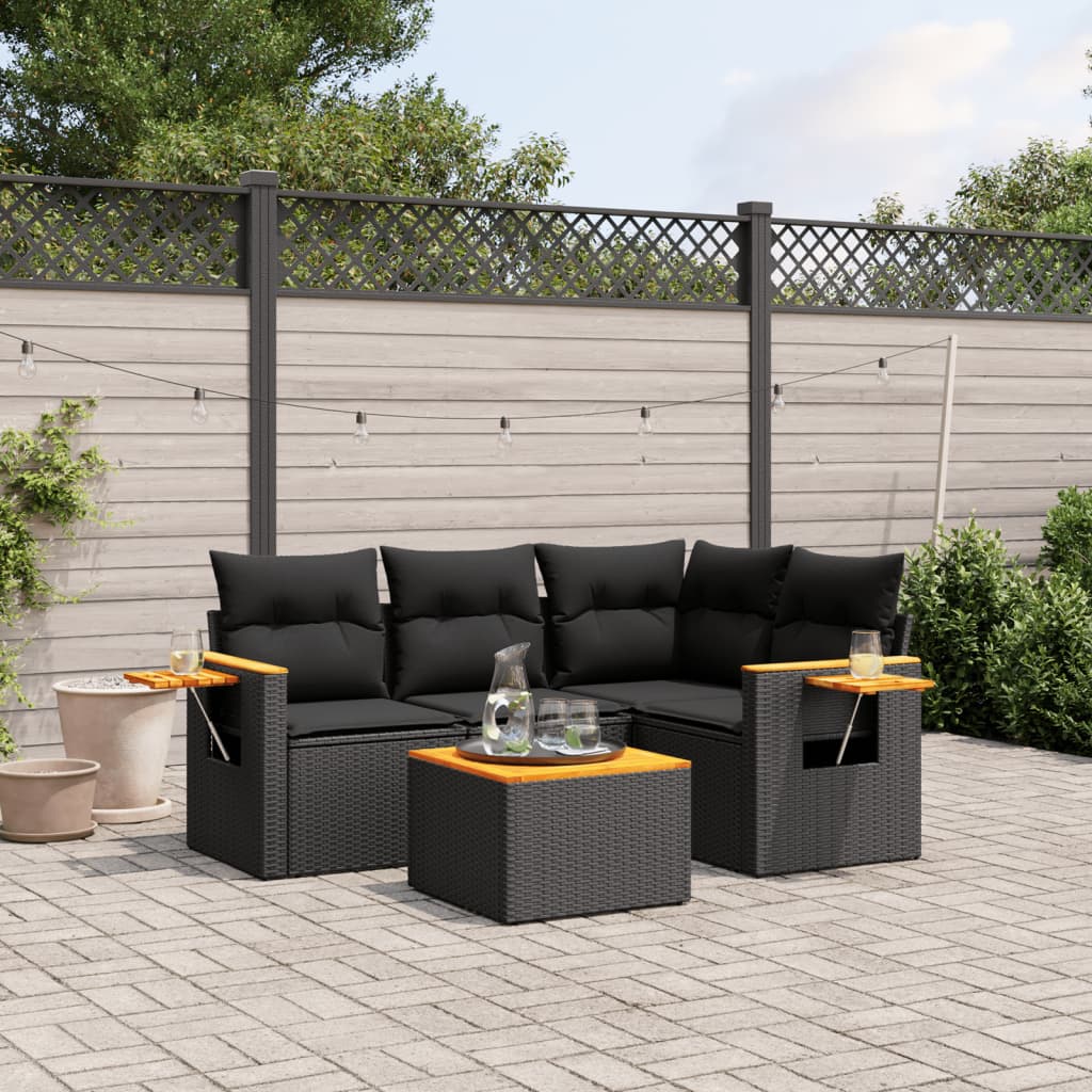 5-tlg. Garten-Sofagarnitur mit Kissen Schwarz Poly Rattan