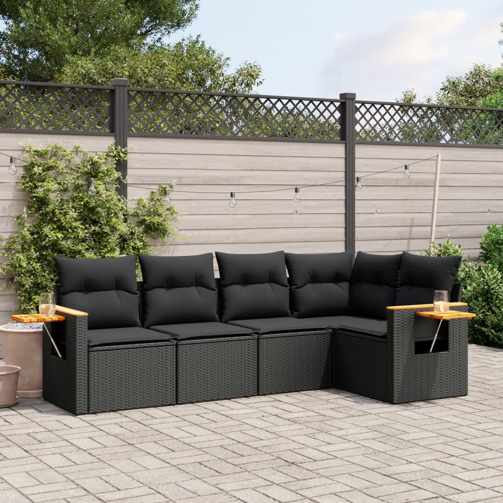 vidaXL 5-tlg. Garten-Sofagarnitur mit Kissen Schwarz Poly Rattan