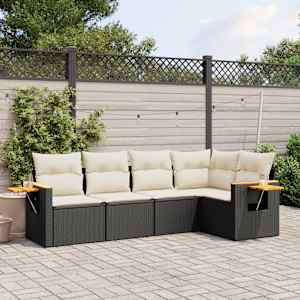 Vrtna sedežna garnitura 5-delna z blazinami črn poli ratan