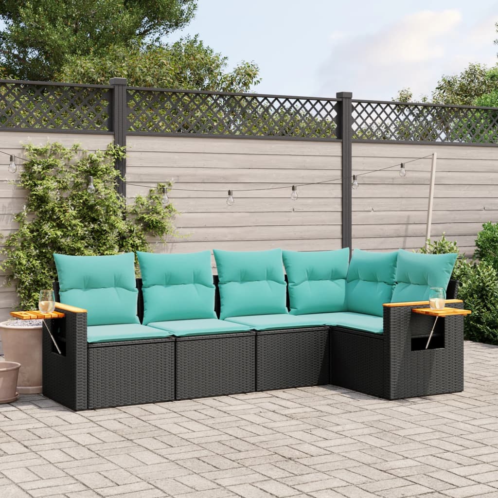 vidaXL 5-tlg. Garten-Sofagarnitur mit Kissen Schwarz Poly Rattan