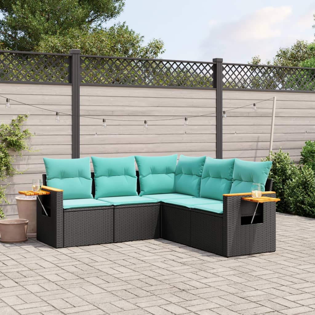 vidaXL 5-tlg. Garten-Sofagarnitur mit Kissen Schwarz Poly Rattan