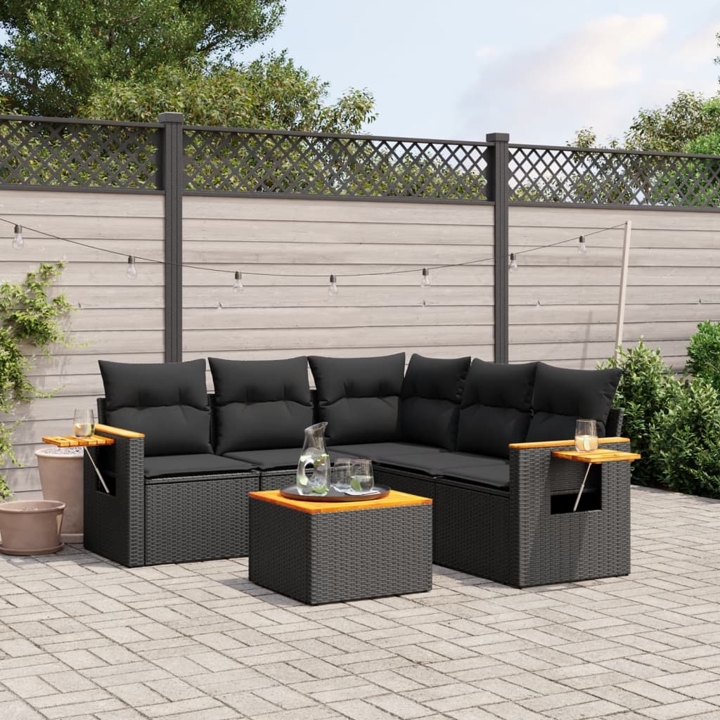 vidaXL 6-tlg. Garten-Sofagarnitur mit Kissen Schwarz Poly Rattan