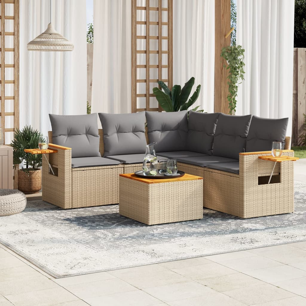 vidaXL 6-tlg. Garten-Sofagarnitur mit Kissen Beige Poly Rattan