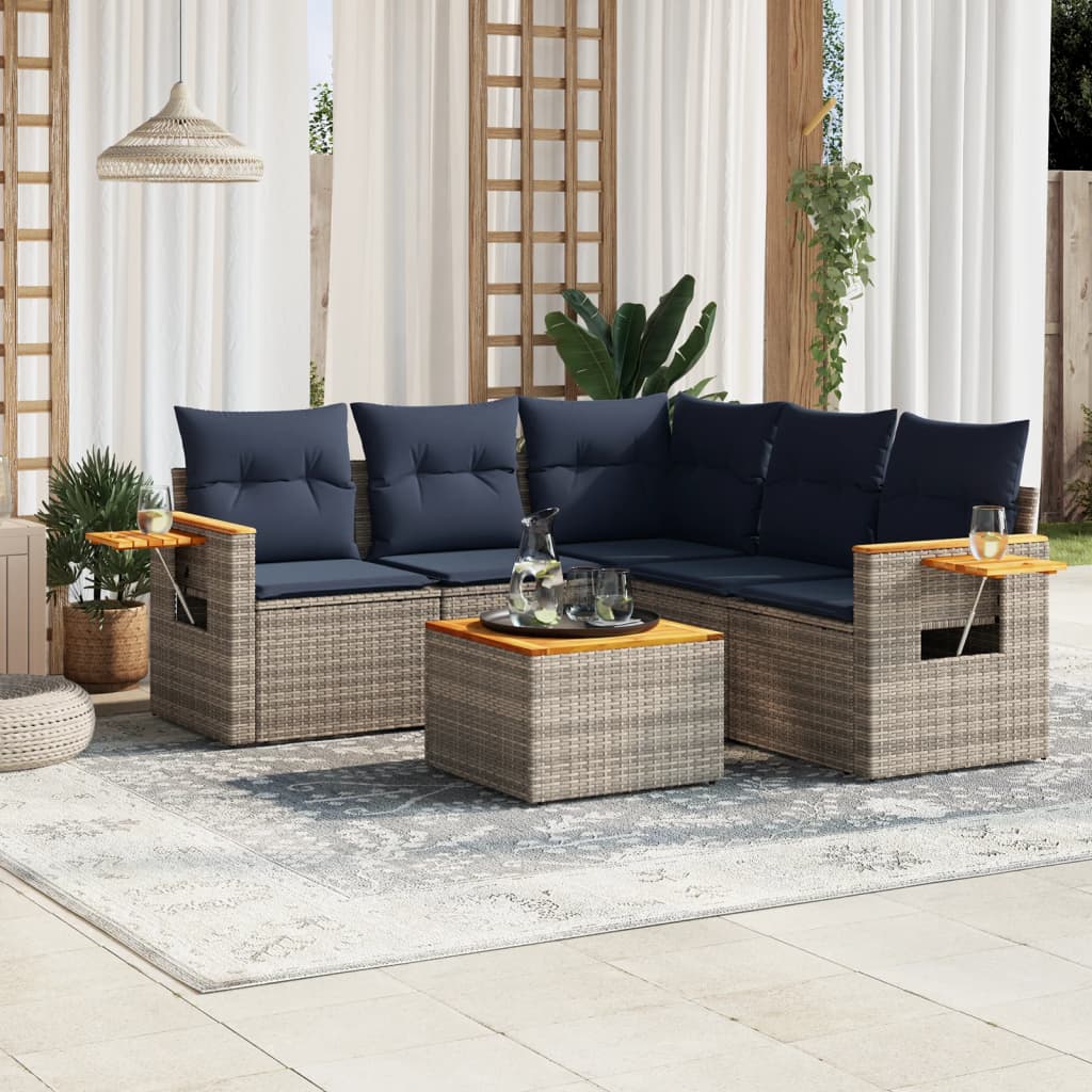vidaXL 6-tlg. Garten-Sofagarnitur mit Kissen Grau Poly Rattan