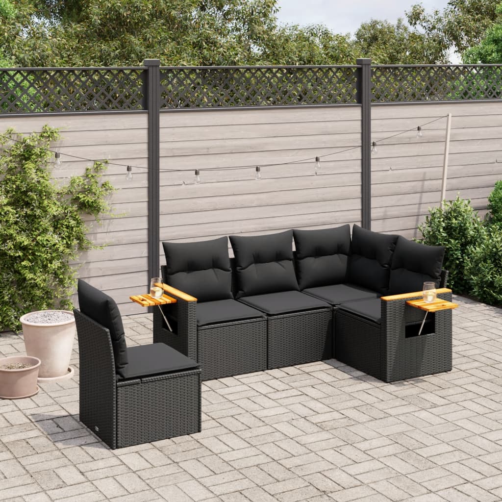 vidaXL 5-tlg. Garten-Sofagarnitur mit Kissen Schwarz Poly Rattan