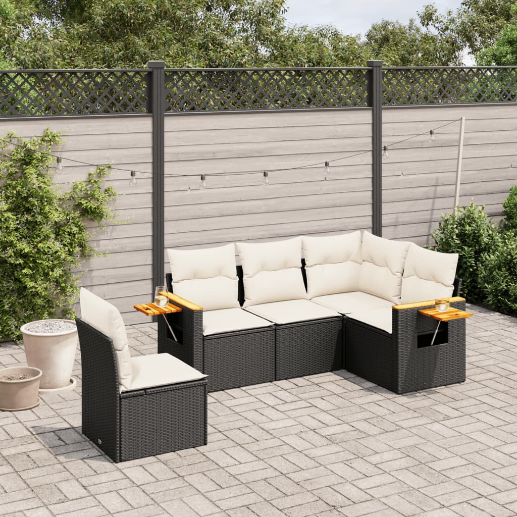 vidaXL 5-tlg. Garten-Sofagarnitur mit Kissen Schwarz Poly Rattan