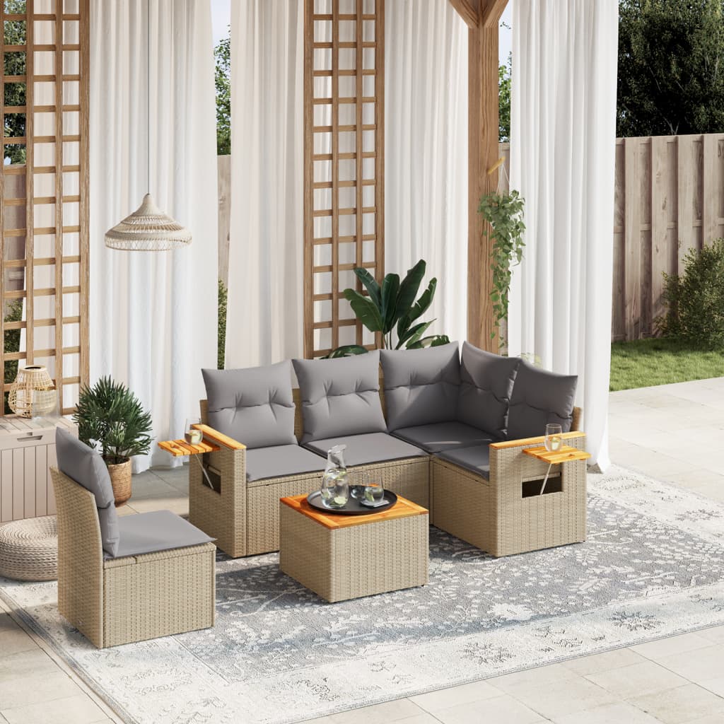 vidaXL 6-tlg. Garten-Sofagarnitur mit Kissen Beige Poly Rattan